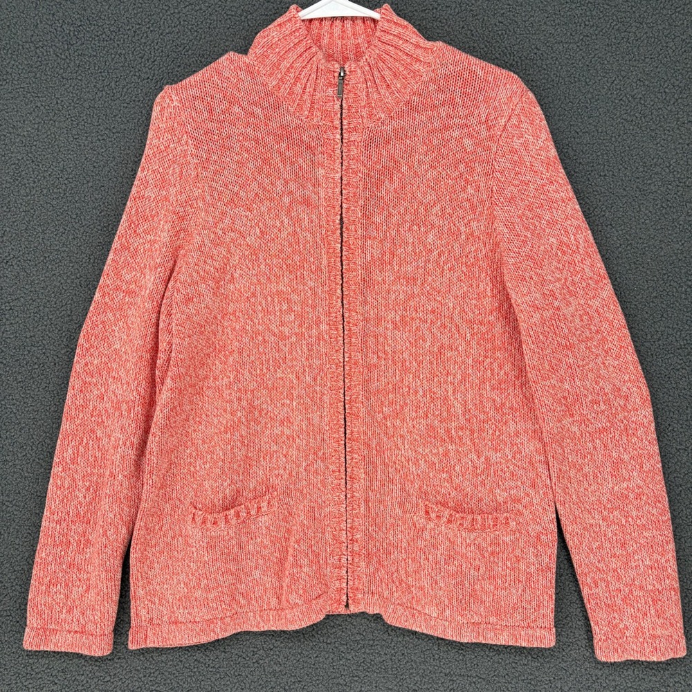 LL Bean Womens Coral Pink Marled Cotton Full Zip Cardigan Sweater 290841 Large